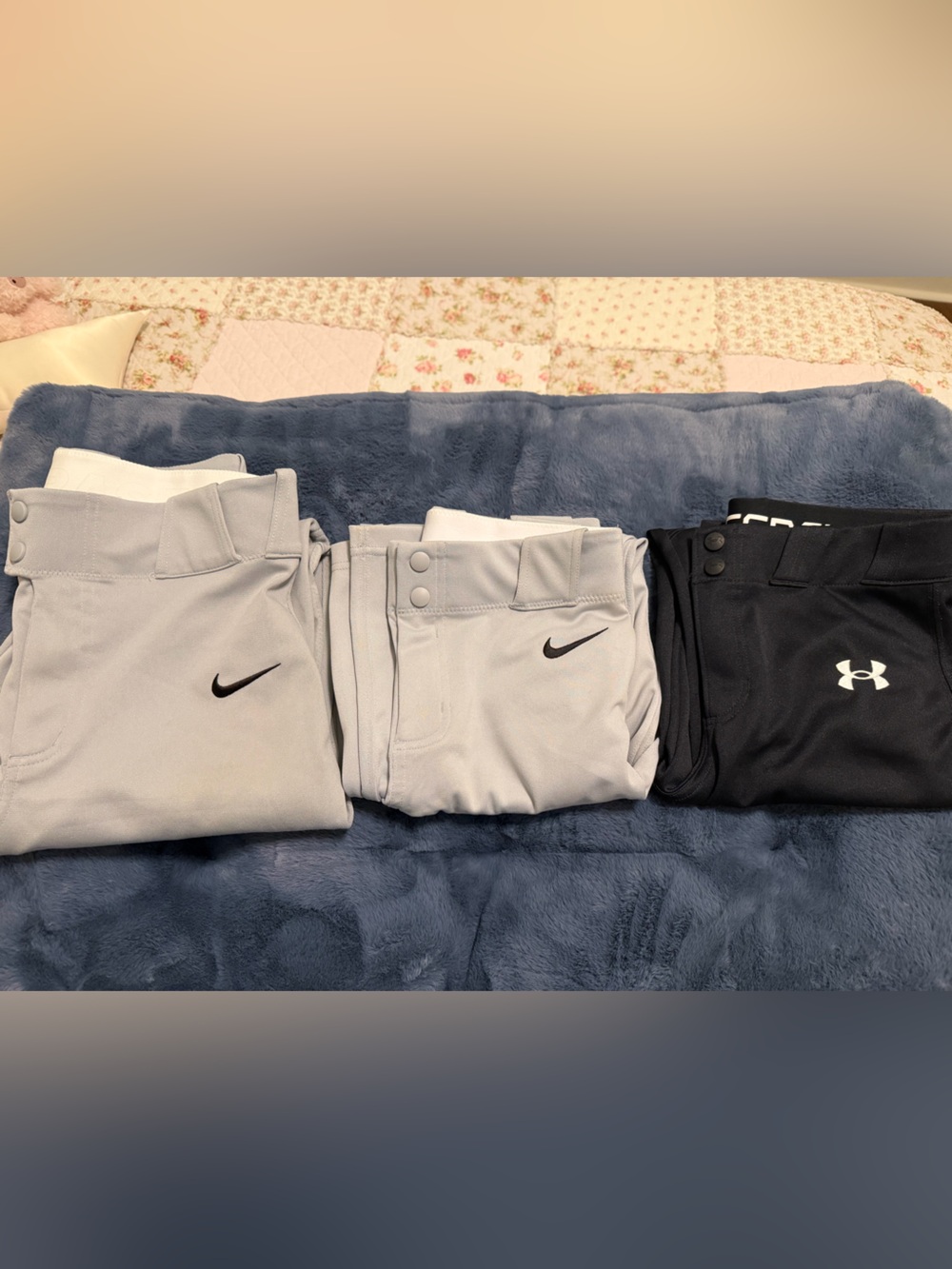 3 pair- 2 Nike Kids Light Gray Athletic with Baseball Pants. 1 Under Armor black